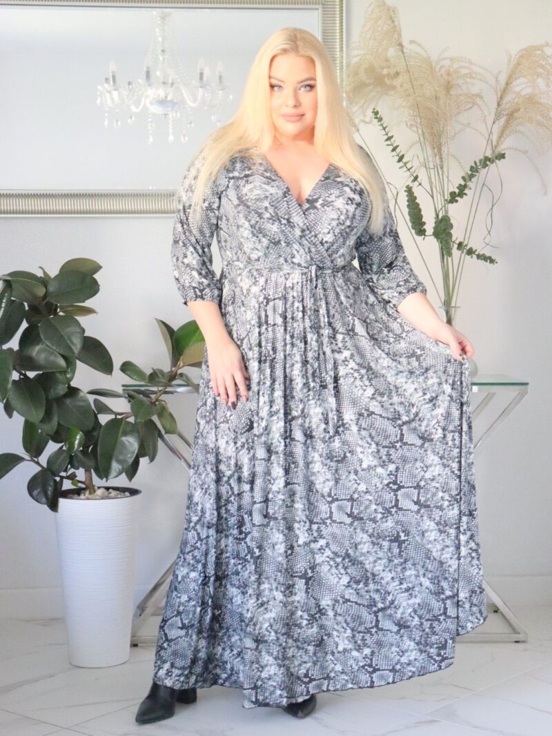 Drapieżna sukienka maxi panterka z kryształkami 💎 komfortowa dzianina, kopertowy dekolt. P001.