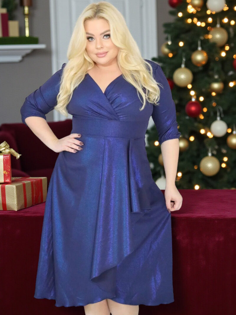 Elegancka sukienka koktajlowa MARTINA – fason kopertowy, lekki połysk!  GRANATOWA!